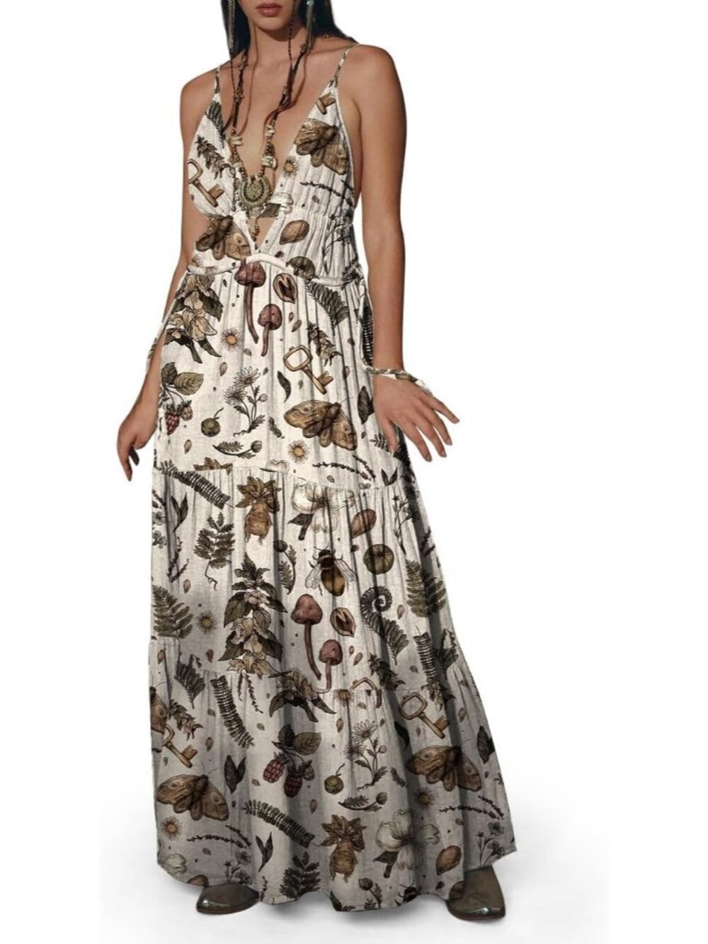 Women's Gothic Floral Witch Maxi Dress Summer Halloween Outfit-Beige Mushroom